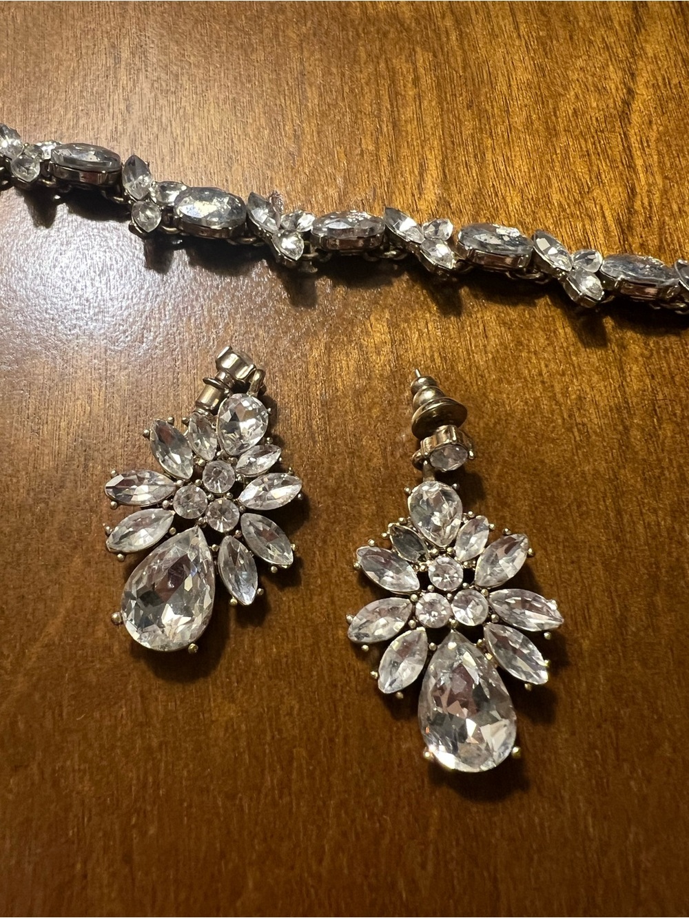 Clear Crystal Floral Teardrop Drop Earrings and bracelet- Silver Tone